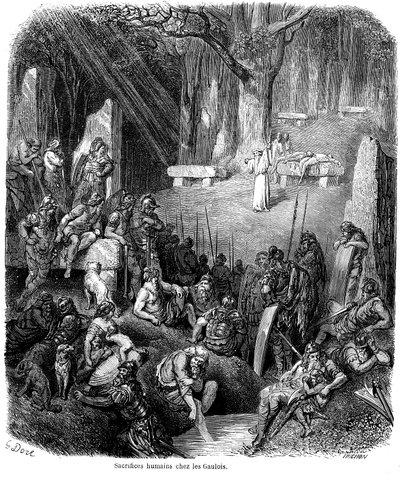Menneskeofring blant gallerne - druider, dolmen, menhir - gravering av Gustave Dore i quot;L#39;Histoire populaire de la Francequot; av Ch. Lahure 1862 - av Gustave Dore