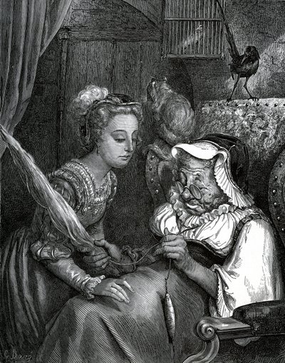 Illustrasjon av Gustave Dore til en fortelling av Charles Perrault: Tornerose. Prinsessen skal stikke seg selv i slyngelen til en gammel kvinne som løper vekk i spindelen. av Gustave Dore