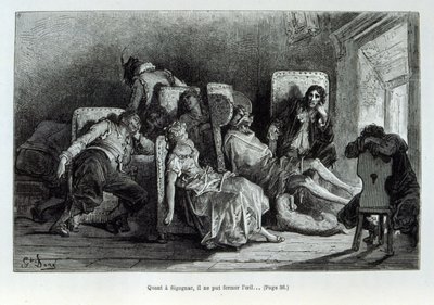 Illustrasjon som viser 'Captain Fracasse' en karakter av commedia dell'arte av Theophile Gautier. Av Dore (gravering) av Gustave Dore