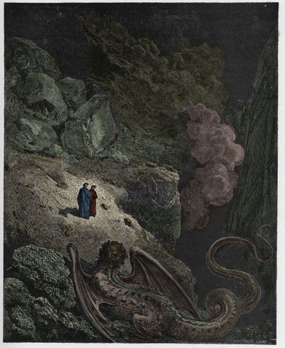 Inferno, Canto 17 : Geryon, symbol på bedrag, illustrasjon fra "The Divine Comedy" av Dante Alighieri, 1885 av Gustave Dore