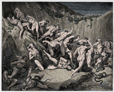Inferno, Canto 24: Tyvene plaget av slanger, illustrasjon fra "The Divine Comedy" av Dante Alighieri, 1885 av Gustave Dore