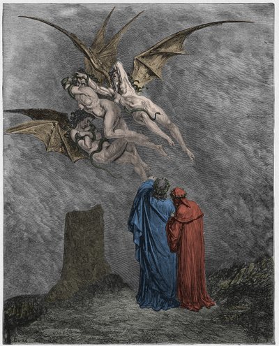 Inferno, Canto 9: The heseous Erinyes: Megaera, Tisiphone, Alecto av Gustave Dore