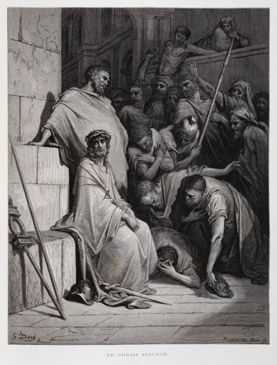 Fornærmelser mot Kristus under rettssaken, illustrasjon fra Dore-bibelen av Gustave Dore