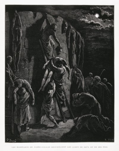 Jabesj-gileadittene henter likene til Saul og sønnene hans, illustrasjon fra Dore-bibelen av Gustave Dore