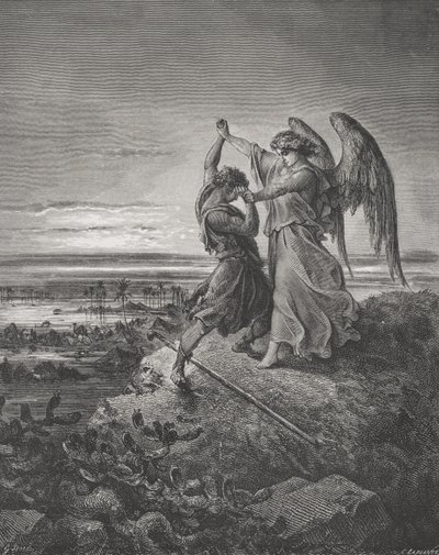 Jacob Wrestling with the Angel, 1. Mosebok 32:24-32, illustrasjon fra Dores 