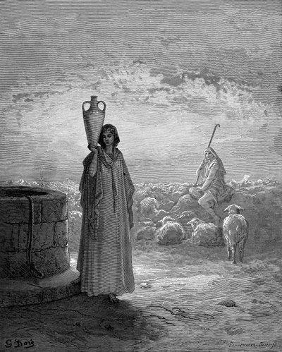 Jakob, som holder Labans flokker, ser Rachel ved brønnen, 1866 av Gustave Dore