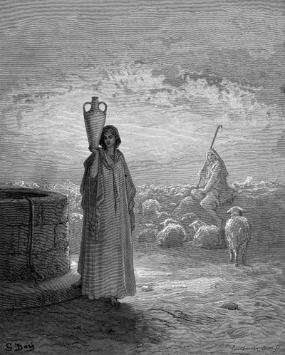 Jakob, som holder Labans småfe, ser Rakel ved brønnen. 1. Mosebok 29. Fra Gustave Dores illustrerte bibel 1866. Trestikk av Gustave Dore