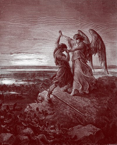 Jakob som bryter med engelen, av Doré. - Bibelen av Gustave Dore