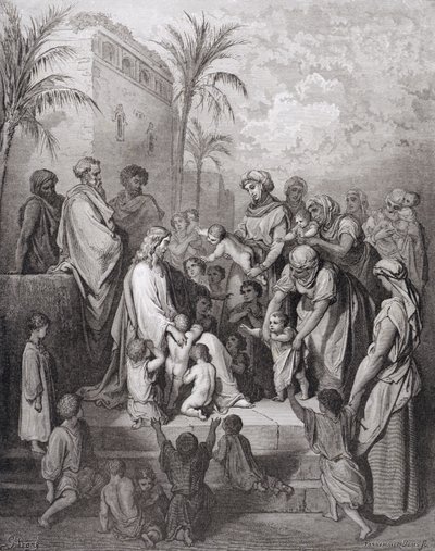 Jesus Blessing the Children, gravert av Stephane Pannemaker (1847-1930) ca. 1868 av Gustave Dore