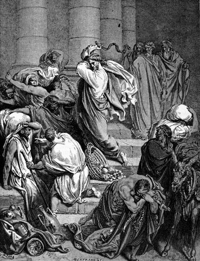 Jesus Kristus jager kjøpmennene i templet. Illustrasjon av Gustave Doré. av Gustave Dore