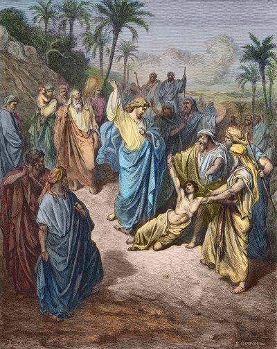 Jesus Kristus som kjemper mot en ung besatt av demonen - Jesus helbreder galningen - Fargegravering etter Gustave Dore. av Gustave Dore