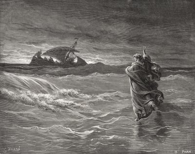 Jesus Walking on the Sea, Johannes 6:19-21, illustrasjon fra Dores 