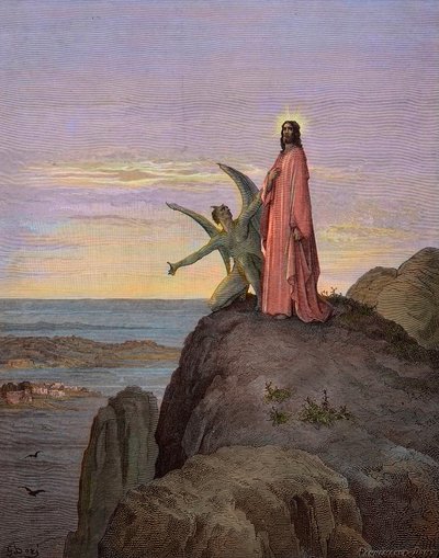 Jesus i ørkenen, utsatt for djevelens fristelse - Kristi fristelse - Satan fristet Jesus - gravering av Gustave Dore - senere fargelegging av Gustave Dore