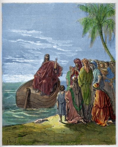 Jesus prechant on Lake Genezareth (Genesareth, Ginosar or Kinneret) (Lake Tiberiad) (Sea of Galilee) - Jesus Preaching at the Sea of Galilee - - engraving in “The Bible illustree” by Gustave Dore (1832-1883) - Engraving from “” The Dore Bible”” av Gustave Dore