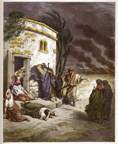 Job hearing of his ruin - Job learant sa ruine - - engraving in “The Bible illustree” by Gustave Dore (1832-1883) - Engraving from “” The Dore Bible”” av Gustave Dore