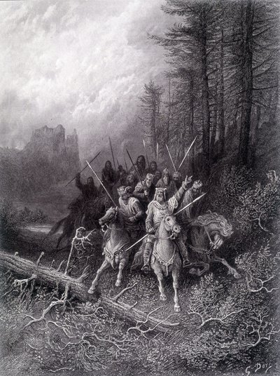 King Arthur in the Broceliande Forest (Cycle of the Knights of the Round Table) - i "" Viviane"" av Alfred Tennyson, illustrasjon av G. Doré av Gustave Dore