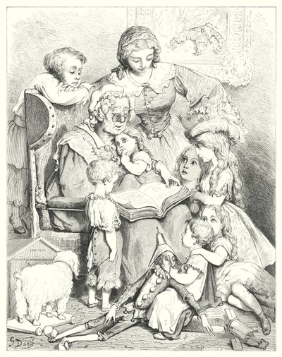 Lese familiefortellinger (gravering) av Gustave Dore