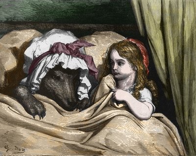 Rødhette og ulv misliker som bestemor. Illustrasjon av Gustave Dore av Gustave Dore