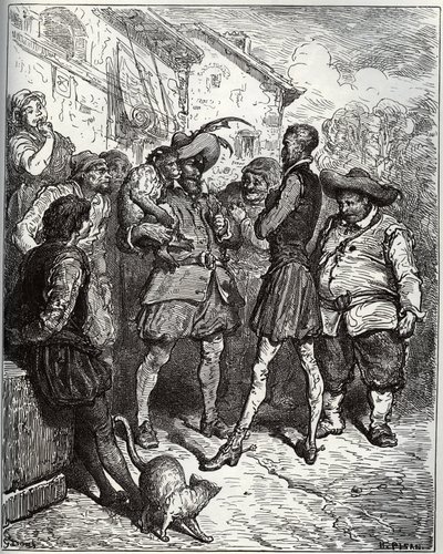 Maese Pedro og den spådomsape - fra "Don Quixote de la Mancha" av Miguel Cervantes (1547-1616) (Don Quixote) - Tresnitt etter tegning av Gustave Dore av Gustave Dore