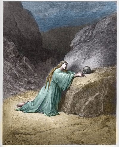 Mary Magdalene angrende (Den angrende Maria Magdalena) - - gravering i "The Bible illustree" av Gustave Dore (1832-1883) - Gravering fra "" The Dore Bible"" av Gustave Dore
