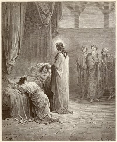 Mirakel: Jesus Kristus helbredet datteren til Jaire (Jairus eller Jairos). Gravering fra Bibelen illustrert av Gustave Dore (1832-1883) av Gustave Dore