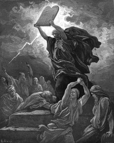 Moses breaks the tablets of the law, engraving. - Bible av Gustave Dore