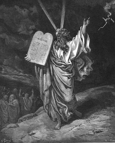 Moses steg ned fra Sinai-fjellet med lovens tavler (ti bud). 2. Mosebok 5.35. Illustrasjon av Gustave Dore (1832-1883) for The Bible (London 1866). Tregravering. av Gustave Dore