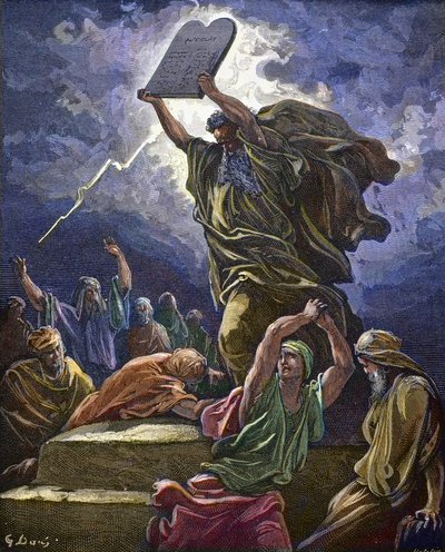 Moses finner jøder som tilber gullkalven og bryter lovens bord - Moses bryter lovens tavler - Gustave Dore (1832-1883) av Gustave Dore