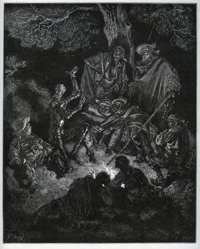 Nattlys der Don Quixote forteller historien om verden til geitene og en Sancho Panza - fra "Don Quixote de la Mancha" av Miguel Cervantes (1547-1616) (Don Quixote) - Tresnitt etter tegning av Gustave Dore av Gustave Dore