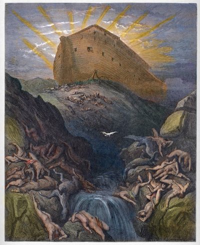 Noahs ark - Duen sendt ut fra arken - Duen sendt fra arken til Noe - Gravering fra "" The Bible illustree" av Gustave Dore (1832-1883) - Gravering fra "" The Dore Bible" av Gustave Dore