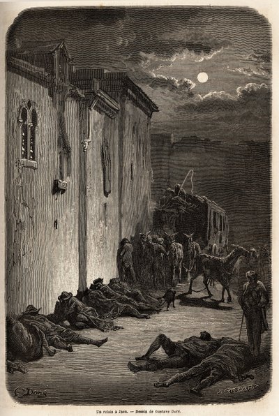 En natt i en stafett i Jaen. Tegning av Gustave Dore (1832-1883), for å illustrere hans reise til Spania i 1862, med Ch. Davillier. Gravering i "" Le tour du monde"", redigert av Edouard Charton av Gustave Dore