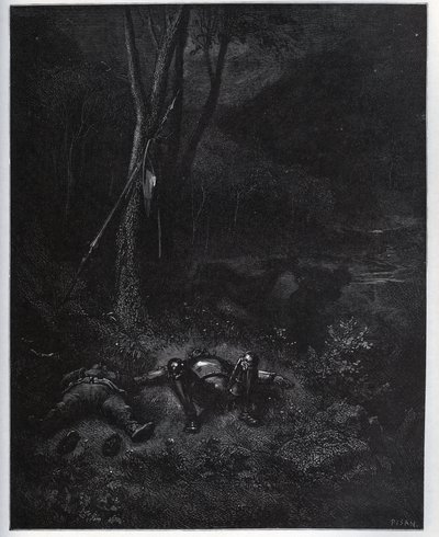 One of the fugitives, Gines de Passamont, steals the donkey from Sancho Panza during the sleep of the two travellers - from “Don Quixote de la Mancha” by Miguel Cervantes (1547-1616) (Don Quixote) - Woodcut after drawing by Gustave Dore av Gustave Dore