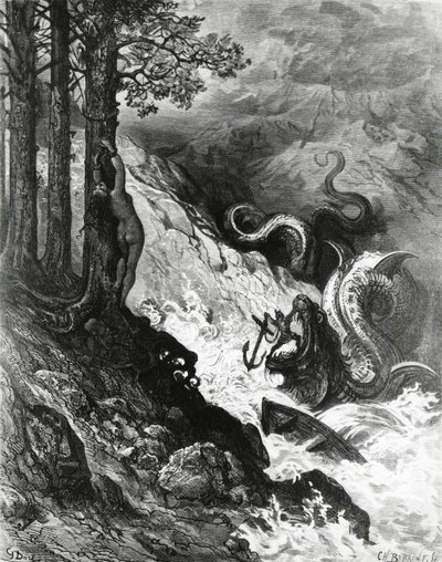 Orlando kjemper mot orken, fra The Frenzy of Orlando, av Paul Gustave Dore, illustrasjon av Gustave Dore