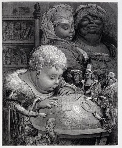 Pantagruel følger et geografikurs - i "" Gargantua"" av Rabelais, ill. Gustave Dore av Gustave Dore