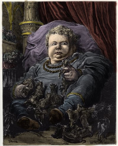 Pantagruel, sønn av Gargantua, blir matet med melk fra 4600 kyr - Pantagruel, sønn av Gargantua, får næring av melken til 4600 kyr - illustrasjon fra 'Gargantua og Pantagruel', av Francois Rabelais - gravering av Gustave Dore (18832-18832-1 ) av Gustave Dore