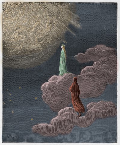 Paradiso, Canto 14: Dante og Beatrice oversatt til Mars-sfæren, illustrasjon fra "The Divine Comedy" av Dante Alighieri, 1885 av Gustave Dore