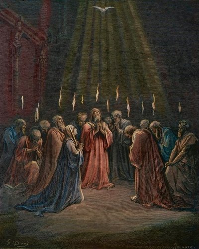 Pinse - Pinse (Den Hellige Ånds komme) - Pinse, Den Hellige Ånds nedstigning, gravering av Gustave Dore (1832-1883) - senere fargelegging av Gustave Dore