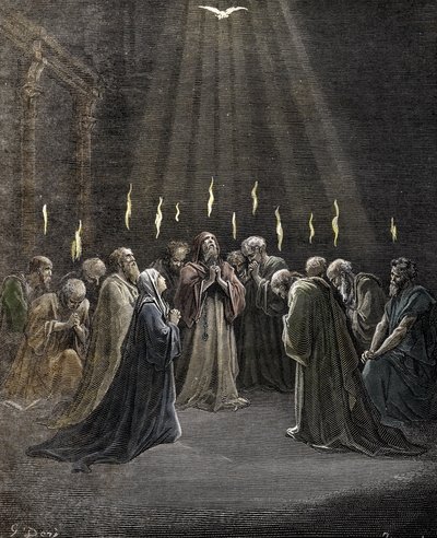 Pinse, Den Hellige Ånds nedstigning over apostlene og andre tilhengere av Jesus Kristus Gravering av Gustave Dore (1832-1883) fra "" La Bible"" Privat samling av Gustave Dore