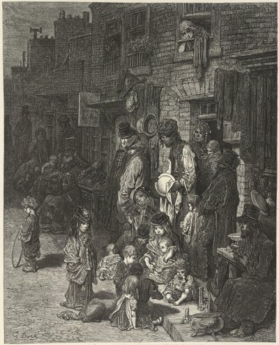 Folk som står og sitter utenfor husene sine, i en gate, fra "London: a pilgrimage", av William Blanchard Jerrold av Gustave Dore