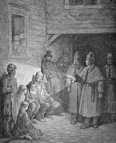 Politimenn på patrulje i Londons Rookery, gravert av Stephane Pannemaker (1847-1930) av Gustave Dore
