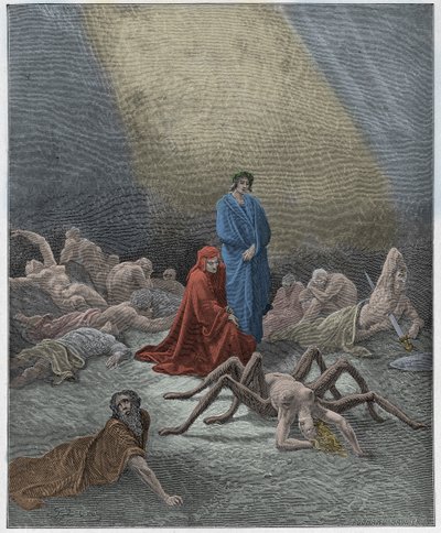 Purgatorio, Canto 12: Dante ser på Arachnes sjel, illustrasjon fra "The Divine Comedy" av Dante Alighieri, 1885 av Gustave Dore