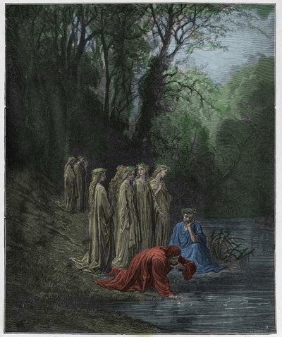 Purgatorio, Canto 33: Dante drikker av elven Eunoe, illustrasjon fra "The Divine Comedy" av Dante Alighieri, 1885 av Gustave Dore