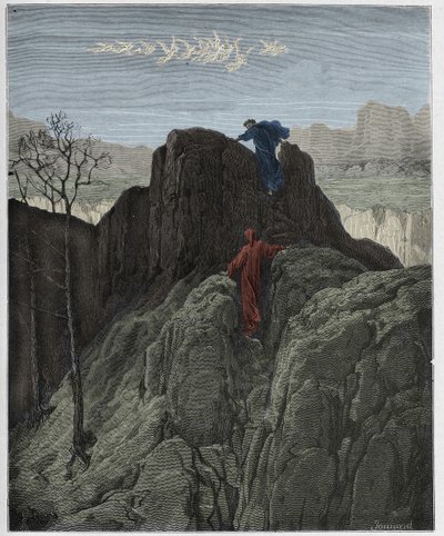 Purgatorio, Canto 4 : Virgil fører Dante opp den forrevne fjellsiden, illustrasjon fra "The Divine Comedy" av Dante Alighieri, 1885 av Gustave Dore