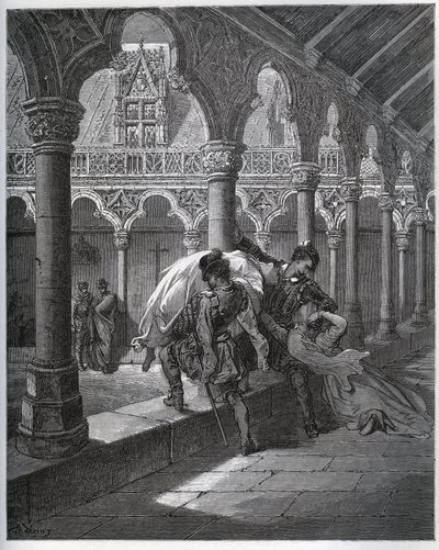 Resit av Don Fernand; han tar Luscinde fra klosteret hvor hun hadde søkt tilflukt - fra "Don Quixote de la Mancha" av Miguel Cervantes (1547-1616) (Don Quixote) - Tresnitt etter tegning av Gustave Dore av Gustave Dore