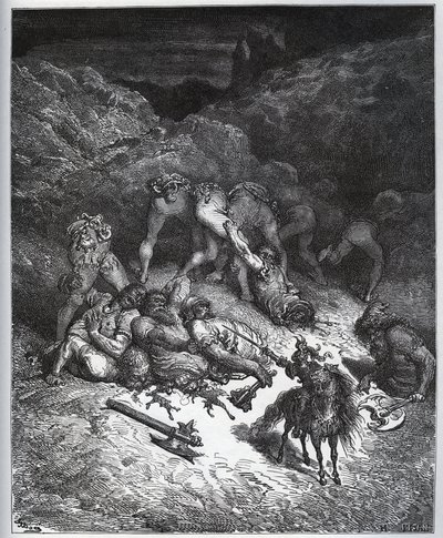 Recite des feats de Felix-Mars d'Hyrcania - fra "" Don Quixote de la Mancha"" av Miguel Cervantes (1547-1616) (Don Quixote) - Tresnitt etter tegning av Gustave Dore av Gustave Dore