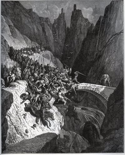 Recite des feats du chevalier Diego Garcia de Paredes - fra "Don Quixote de la Mancha"" av Miguel Cervantes (1547-1616) (Don Quixote) - Tresnitt etter tegning av Gustave Dore av Gustave Dore