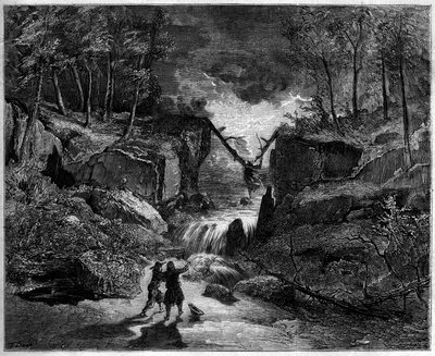Representation of an opera: the crazy tomb in the torrent - Last scene, act II of the “Pardon de Ploermel”, comic opera of 1859 on a libretto by Michel Carre (1819-1872) and Jules Barbier (1822-1901), and a music by Giacomo Meyerbeer (1791-1864) - Theatre  av Gustave Dore