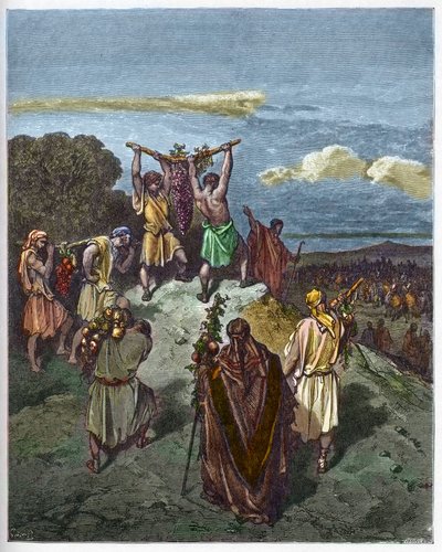 Retur fra landet Kanaan - Tilbakekomsten av Josue og Kaleb med en enorm drueklase fra Kanaans land (det lovede land) - - gravering i "The Bible illustree" av Gustave Dore (1832-1883) - Gravering fra "" Dore-bibelen"" av Gustave Dore