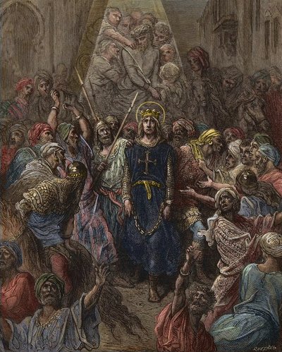 Saint Louis tatt til fange i Mansoura, under det 7. korstoget i 1250 - kong Louis IX (1214-70) fange i Egypt - gravering av Gustave Dore - fra History of the Crusades av Joseph-Francois Michaud av Gustave Dore