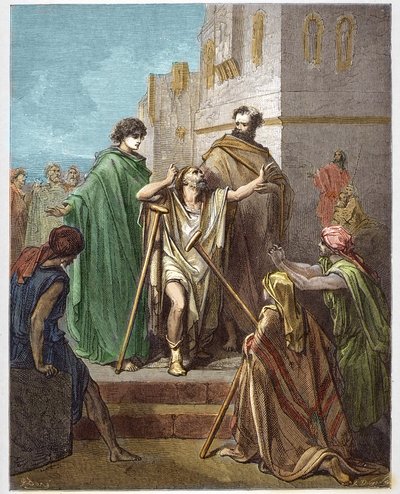 Saint Peter og Saint John helbreder et blad - Guerison of the lame - Saint Peter, akkompagnert av Saint John, kjempet mirakuløst mot en halt mann i Jerusalem - - gravering i "The Bible illustree" av Gustave Dore (1832-1883) - Gravering fra " "The Dore Bibl av Gustave Dore